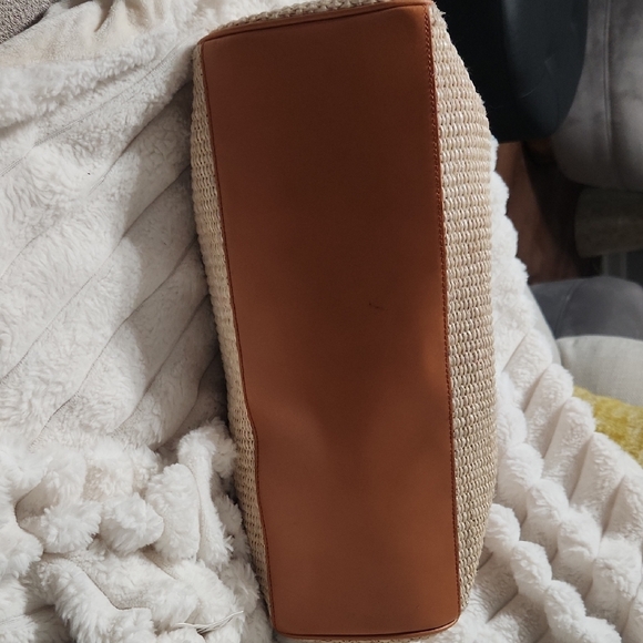 Furla Beige Woven Tote with Tan Leather Trim and Circular Buckle Accent - Picture 6 of 10